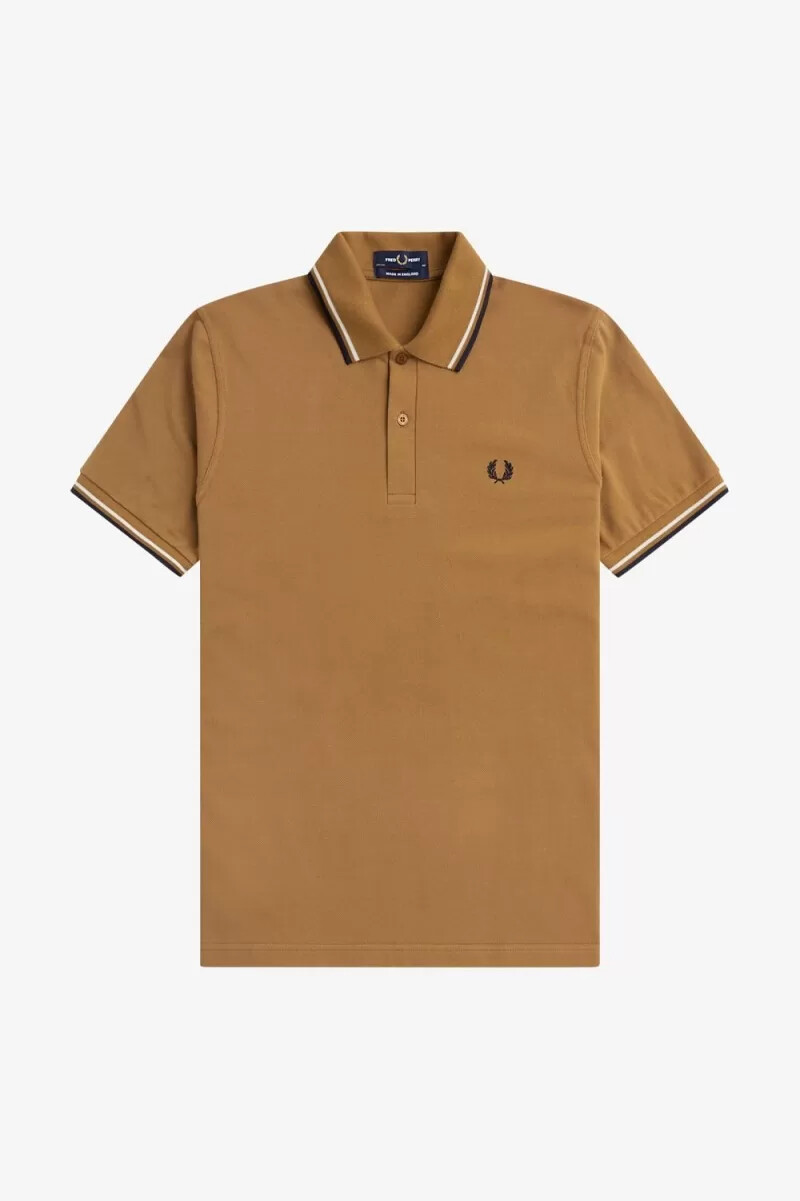 camisa fred perry m12 para hombre color café oscuro beige y azul marino