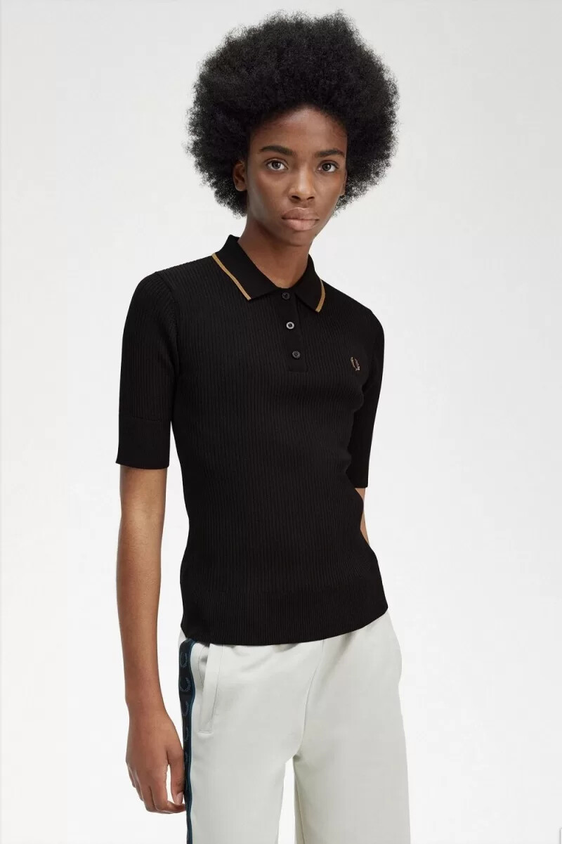 camisa de punto acanalada para mujer de fred perry negra