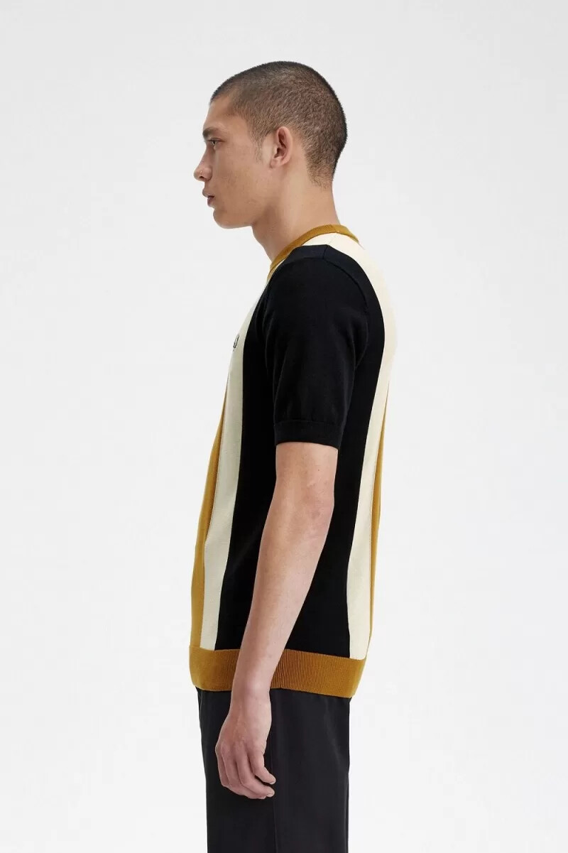 camiseta de punto fino a rayas fred perry para hombre color negro avena y café oscuro