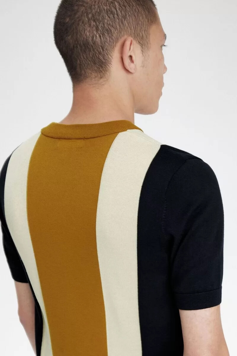 camiseta de punto fino a rayas fred perry para hombre color negro avena y café oscuro