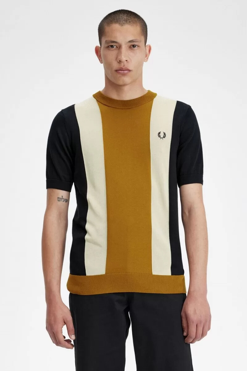 camiseta de punto fino a rayas fred perry para hombre color negro avena y café oscuro