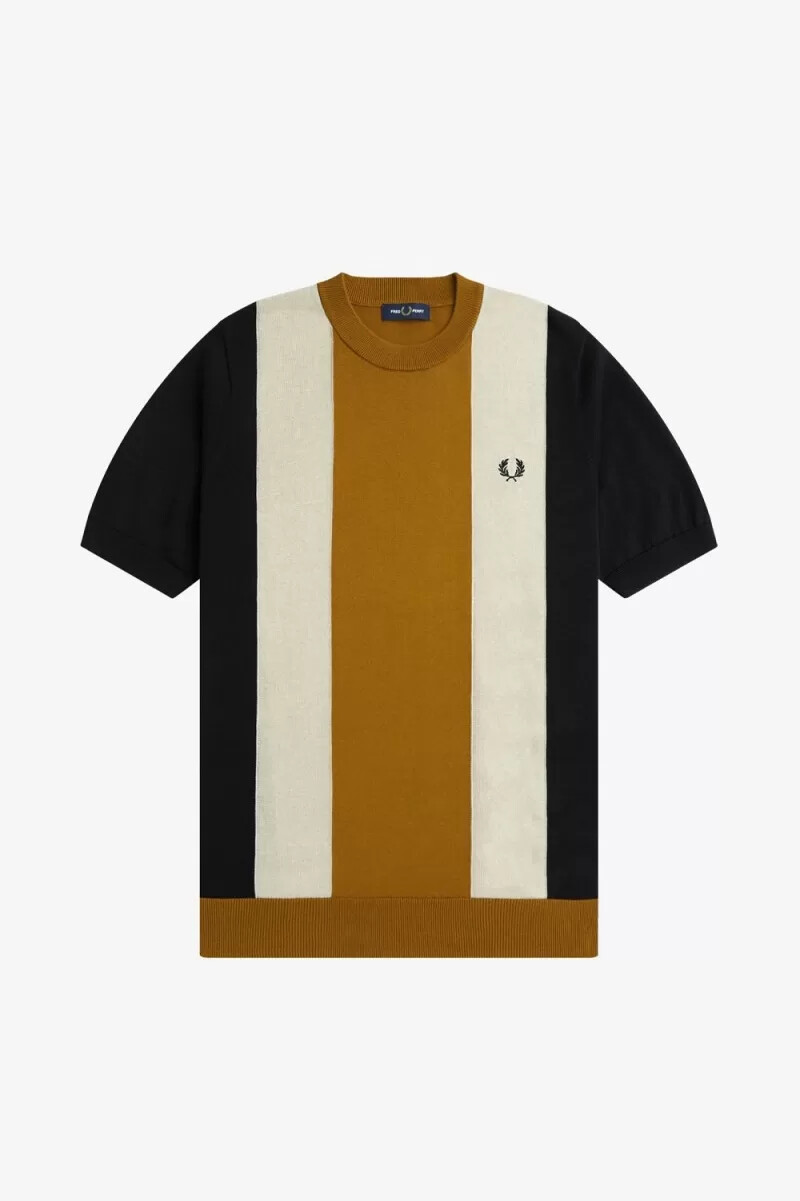 camiseta de punto fino a rayas fred perry para hombre color negro avena y café oscuro