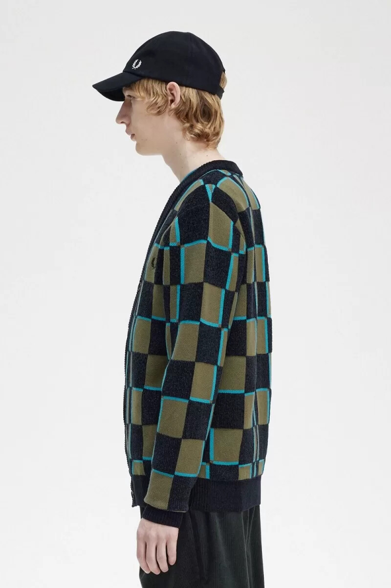 cárdigan fred perry glitch chequerboard para hombre uniforme verde y negro