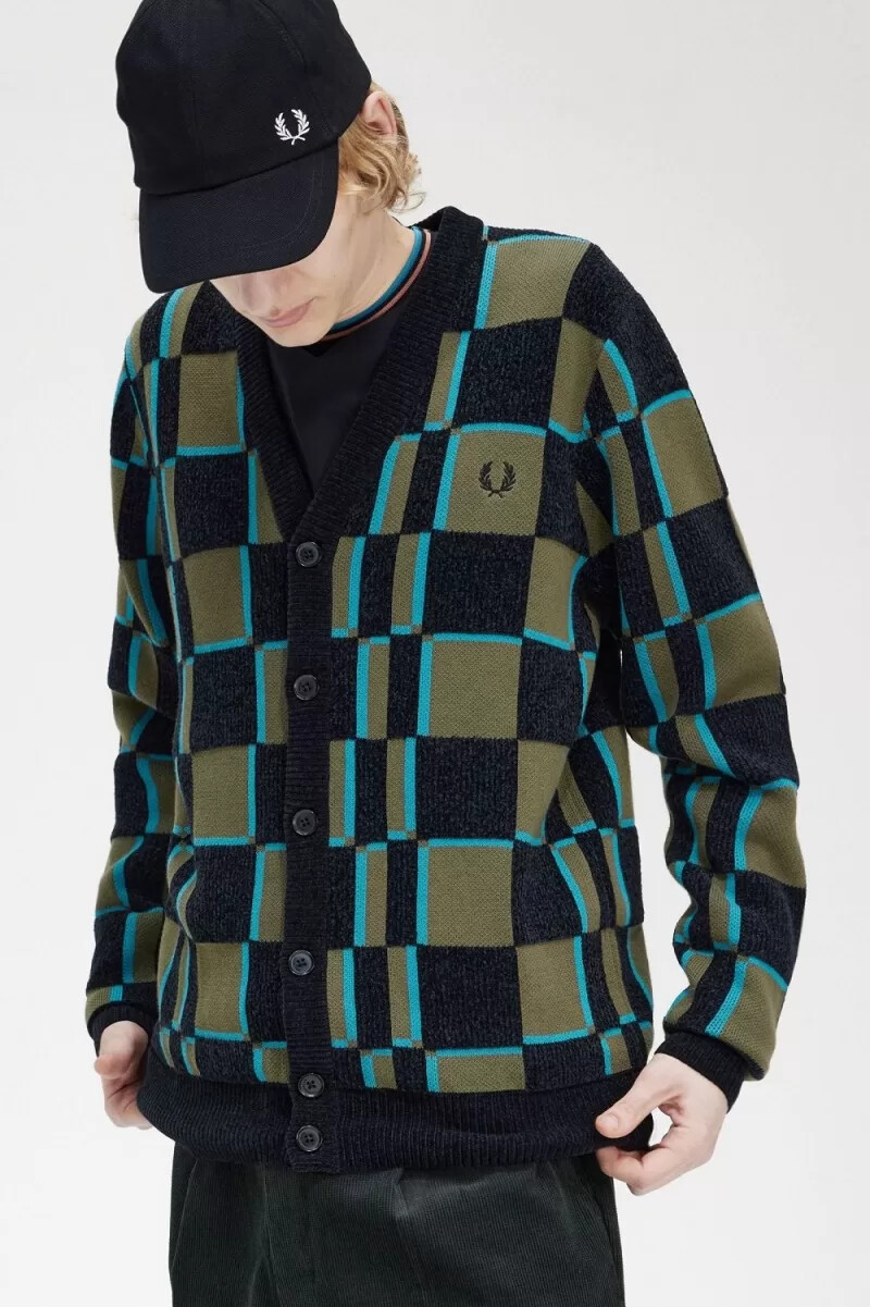cárdigan fred perry glitch chequerboard para hombre uniforme verde y negro