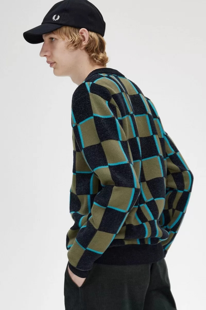 cárdigan fred perry glitch chequerboard para hombre uniforme verde y negro