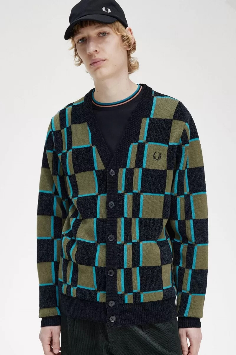 cárdigan fred perry glitch chequerboard para hombre uniforme verde y negro