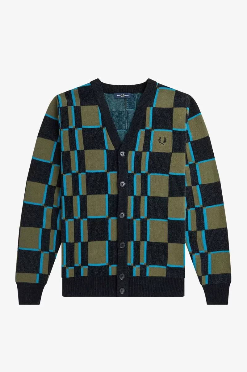 cárdigan fred perry glitch chequerboard para hombre uniforme verde y negro