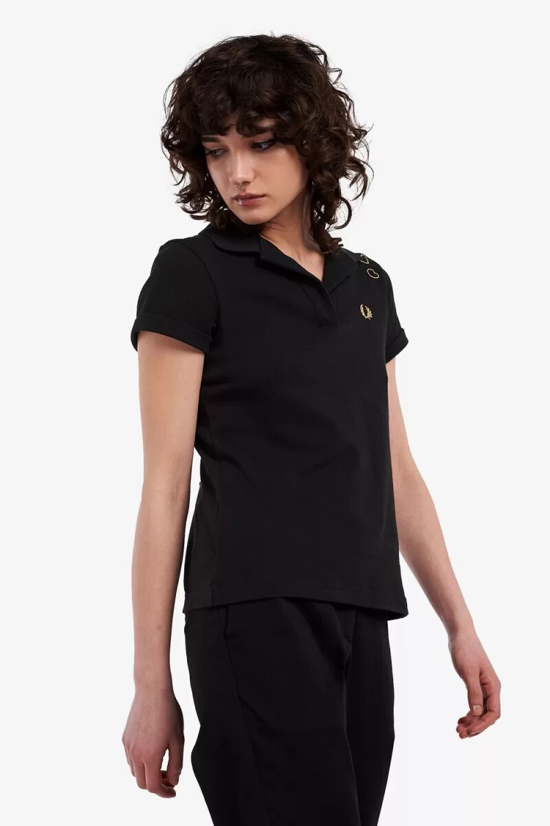 polo fred perry de piqué con cuello abierto para mujer color negro