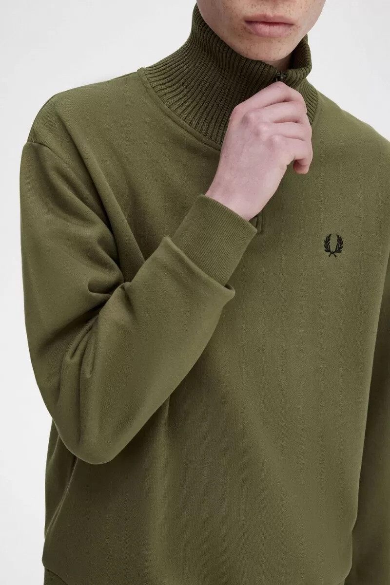 sudadera fred perry con cuello con cremallera y ribete de punto para hombre color verde uniforme