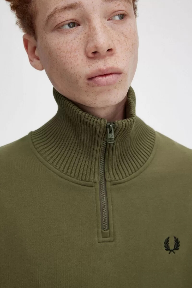 sudadera fred perry con cuello con cremallera y ribete de punto para hombre color verde uniforme