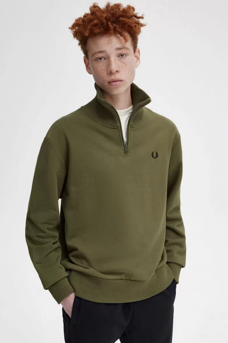 sudadera fred perry con cuello con cremallera y ribete de punto para hombre color verde uniforme