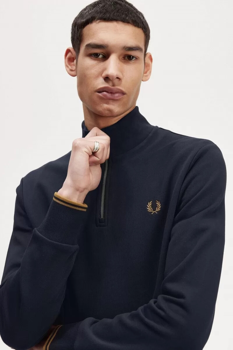 sudadera fred perry con media cremallera para hombre color azul marino y café oscuro