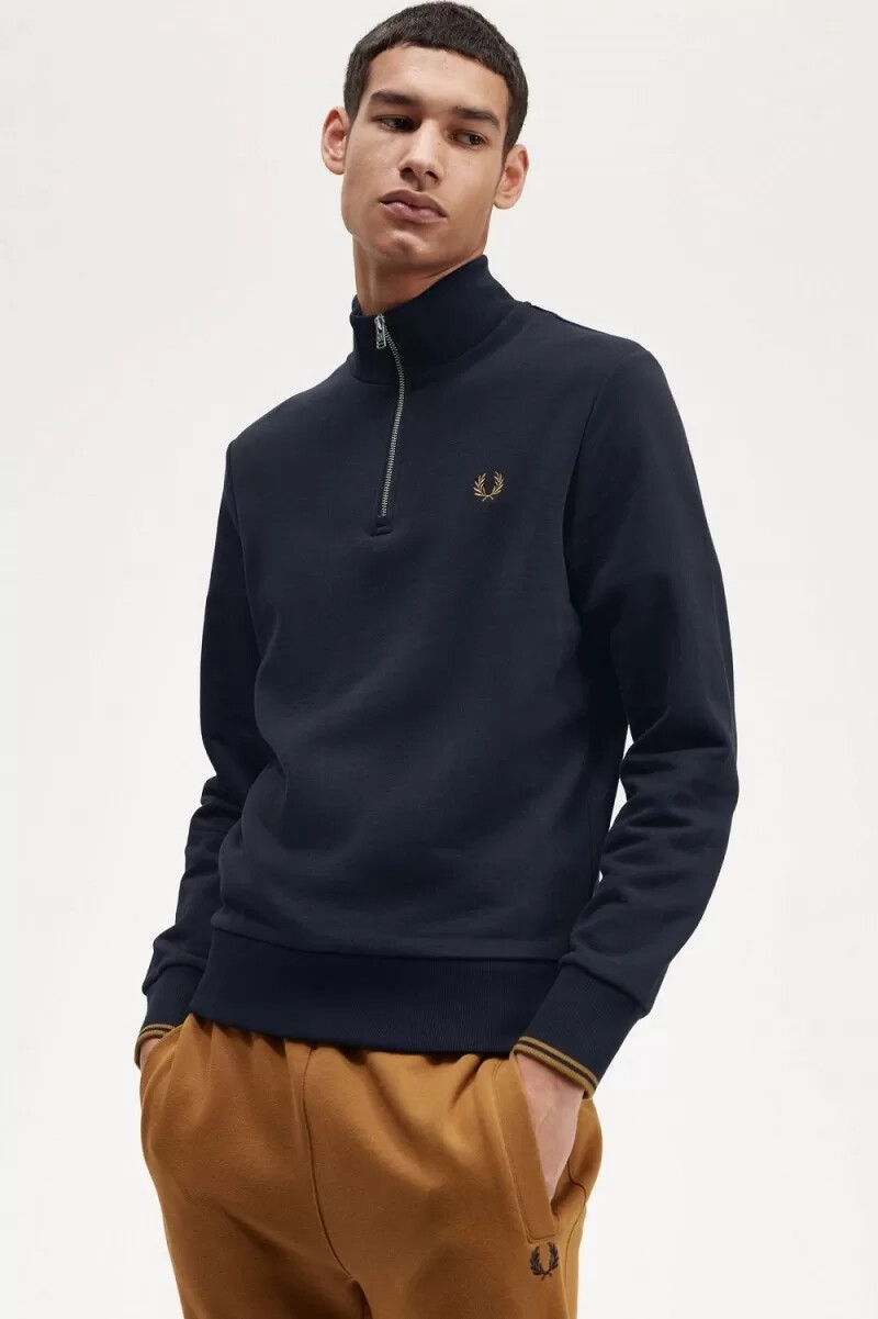 sudadera fred perry con media cremallera para hombre color azul marino y café oscuro