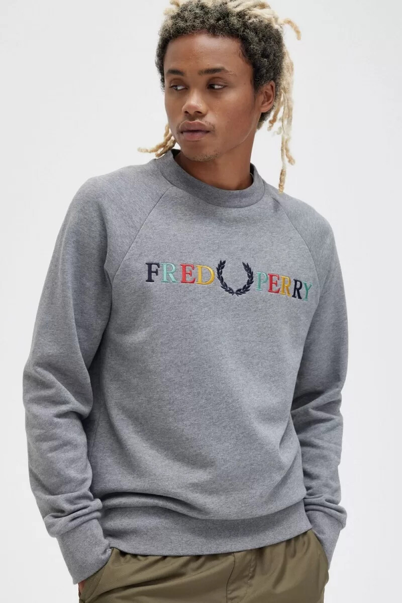 sudadera con bordado de fred perry para hombre gris jaspeado azul ceniza y negro