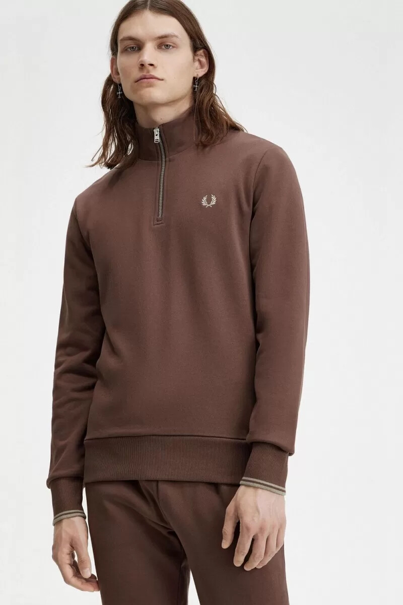 sudadera fred perry con media cremallera para hombre color rojo oscuro y gris cálido