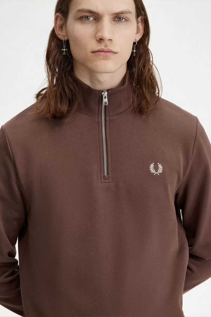 sudadera fred perry con media cremallera para hombre color rojo oscuro y gris cálido