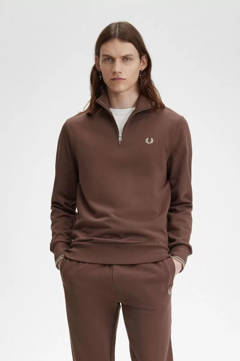 sudadera fred perry con media cremallera para hombre color rojo oscuro y gris cálido