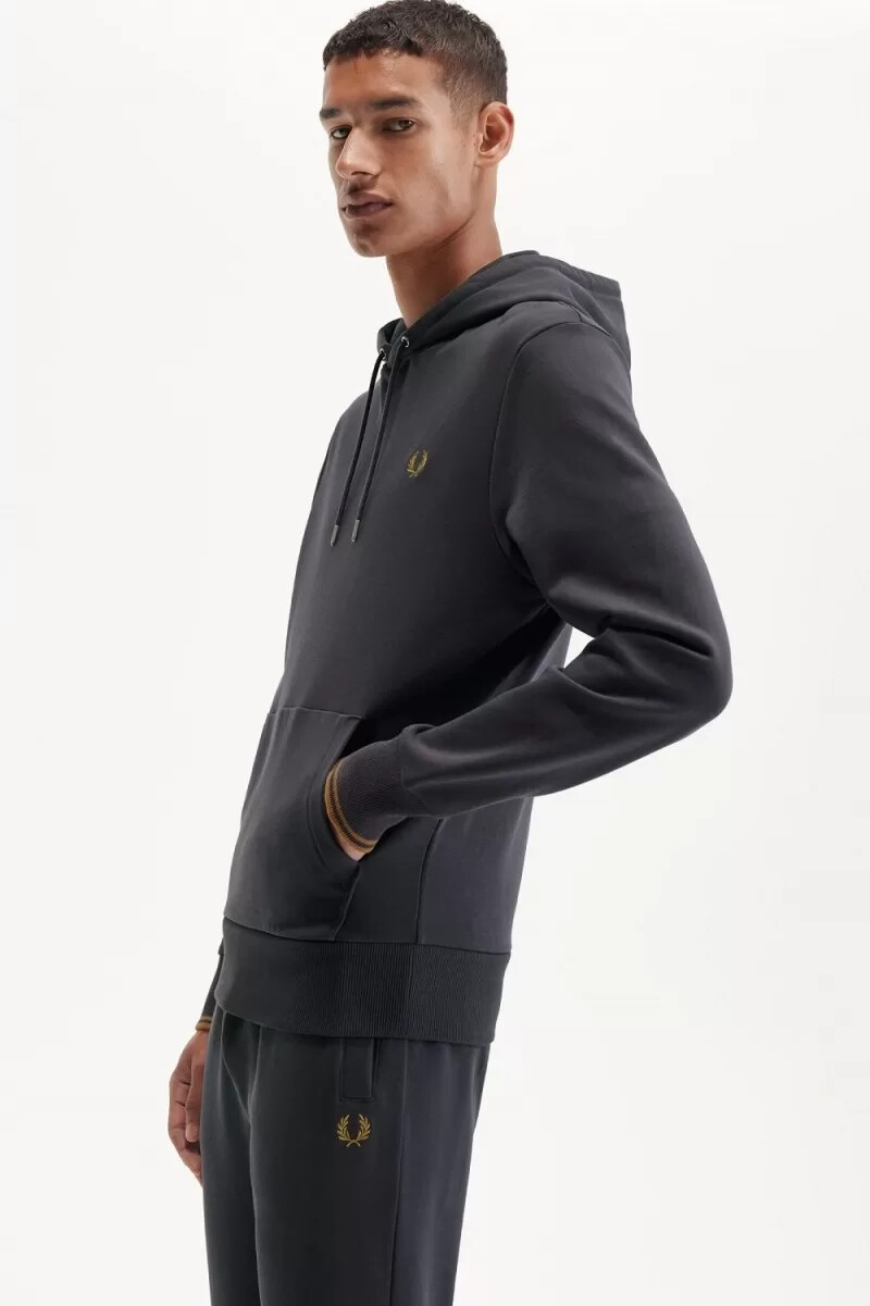 sudadera con capucha y ribete de fred perry para hombre color gris ancla y café oscuro