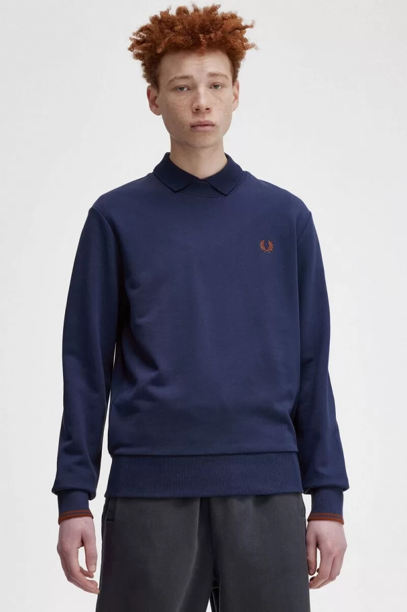 sudadera fred perry de cuello redondo para hombre color azul marino francés y marrón whisky