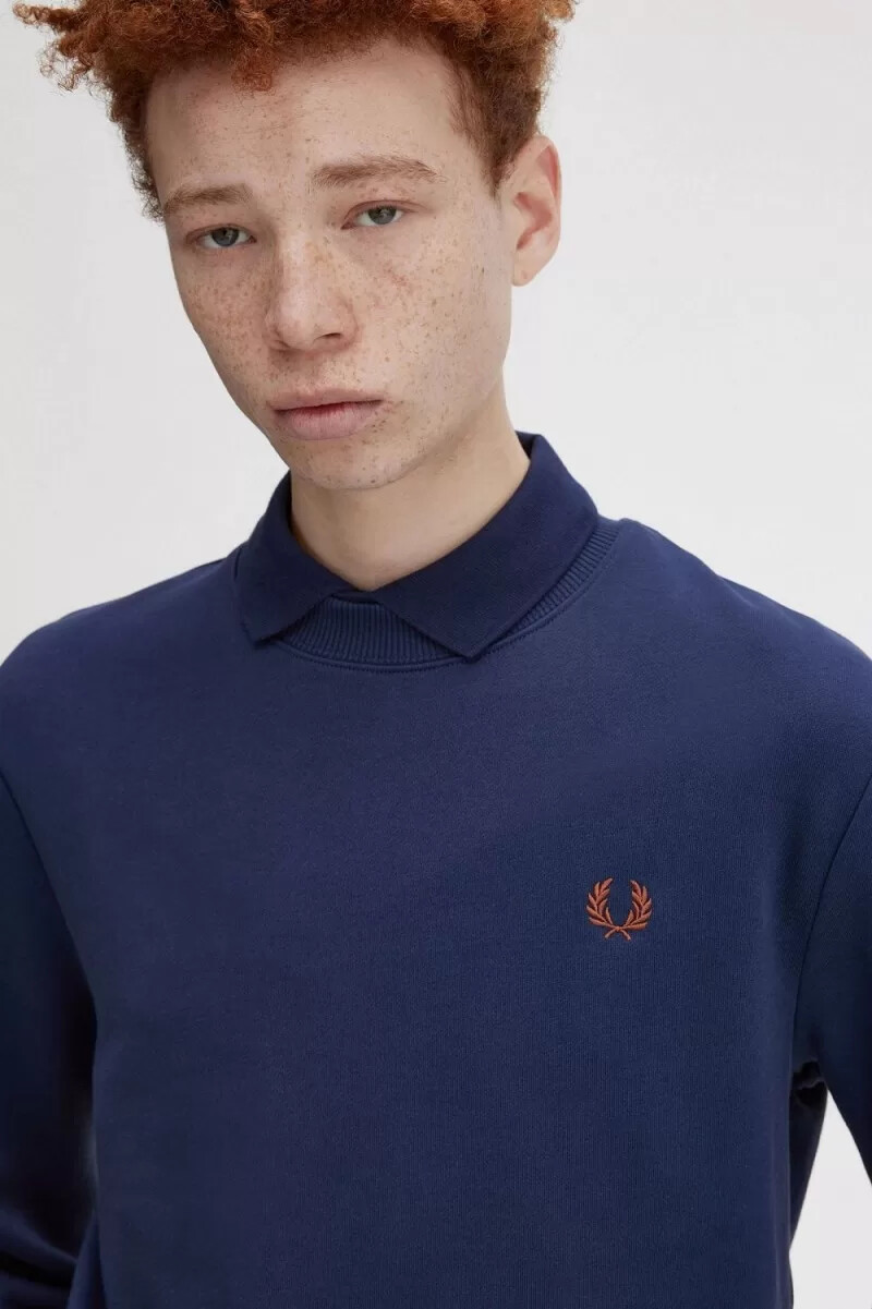 sudadera fred perry de cuello redondo para hombre color azul marino francés y marrón whisky