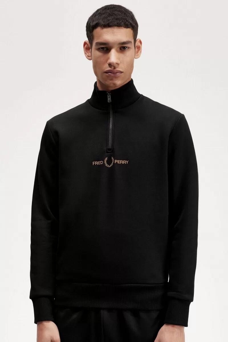 sudadera fred perry con doble gráfico y media cremallera para hombre color negro